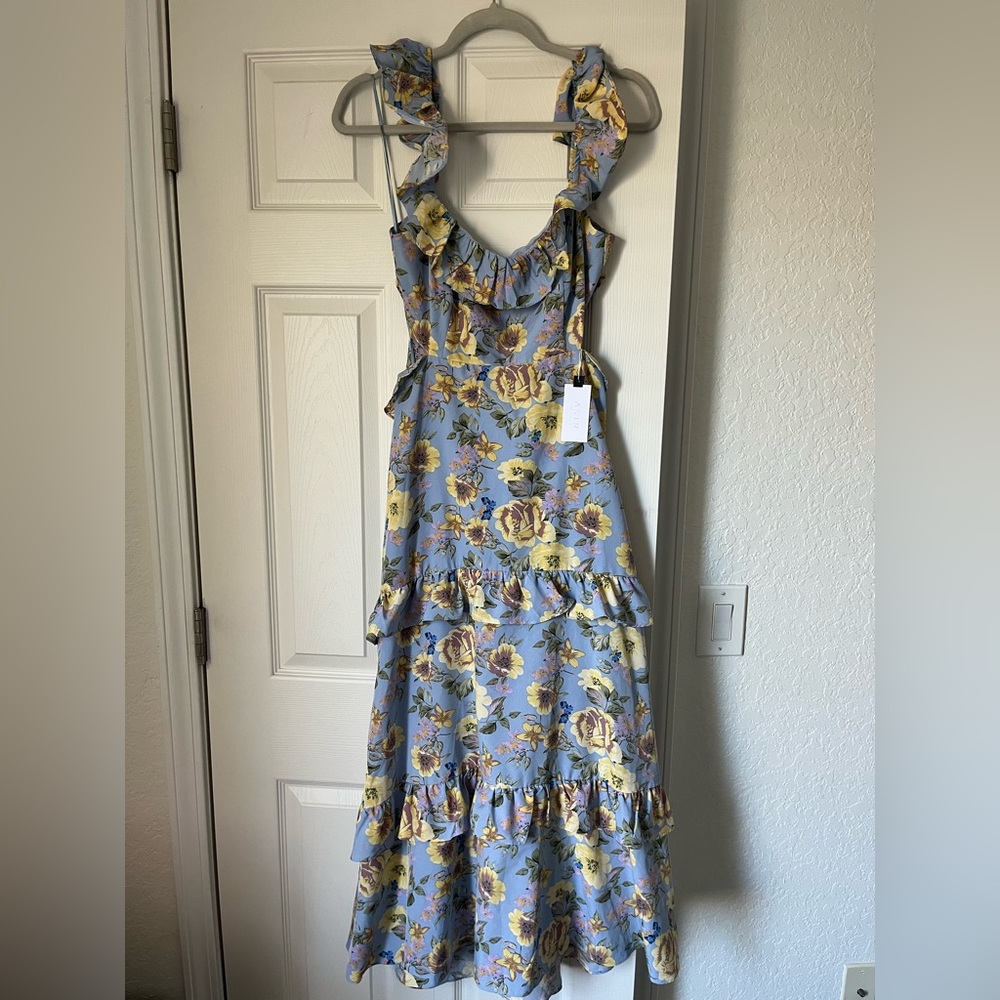 Floral Ruffle Strappy Maxi Dress - Blue & Yellow